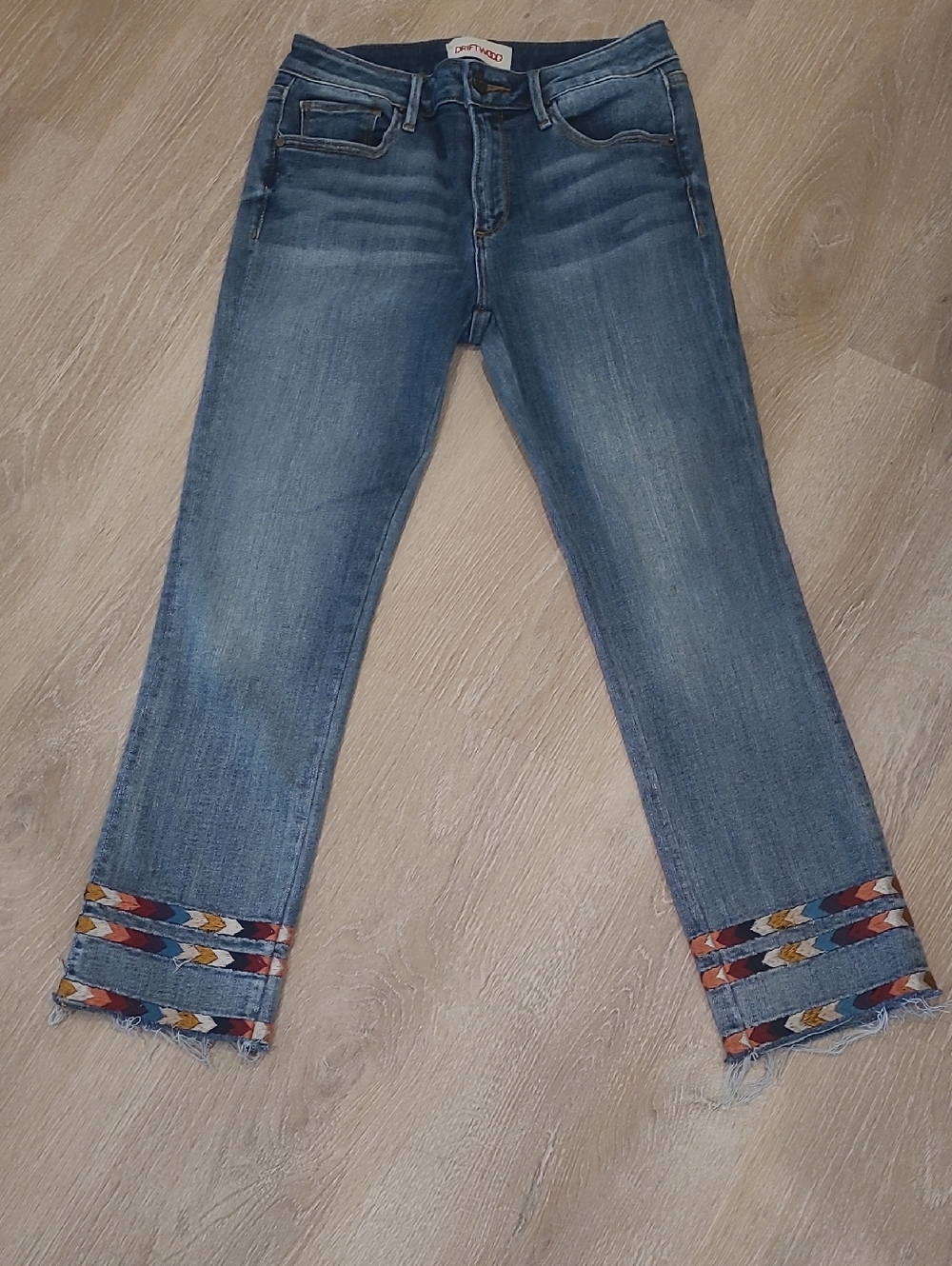 DRIFTWOOD Colette Blue Cropped Jeans with Colorful Embroidered Hem